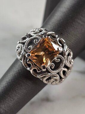 Womens Estate Sterling Silver Modernist Citrine Colored Ring 7.2g E6755
